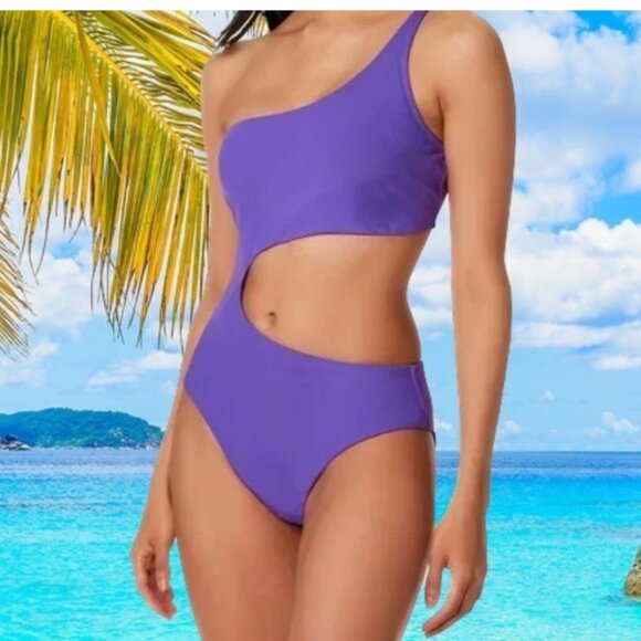 Bar III  Purple Micro Rib One-Shoulder Cutout One-Piece Swimsuit Size Medium - Picture 4 of 10